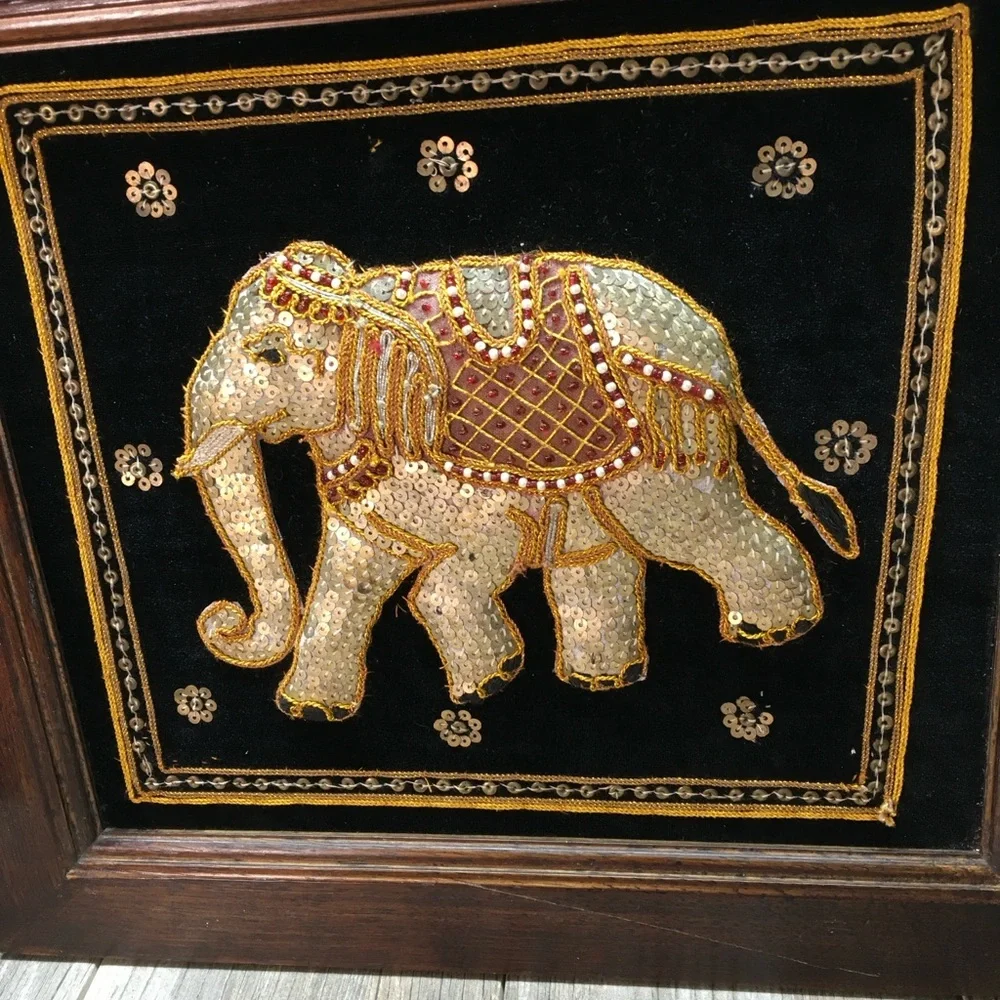 Thai Pearl Bead Sequined Elephant Hanging Wooden Framed Art Black Velvet